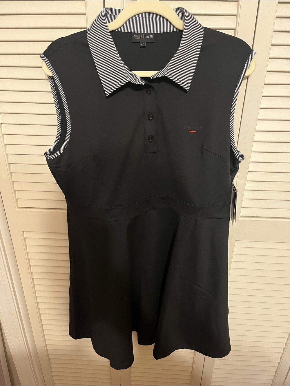 GHOST GOLF collab w/ Fore All Sleeveless Polo Dress in Black with Striped Collar